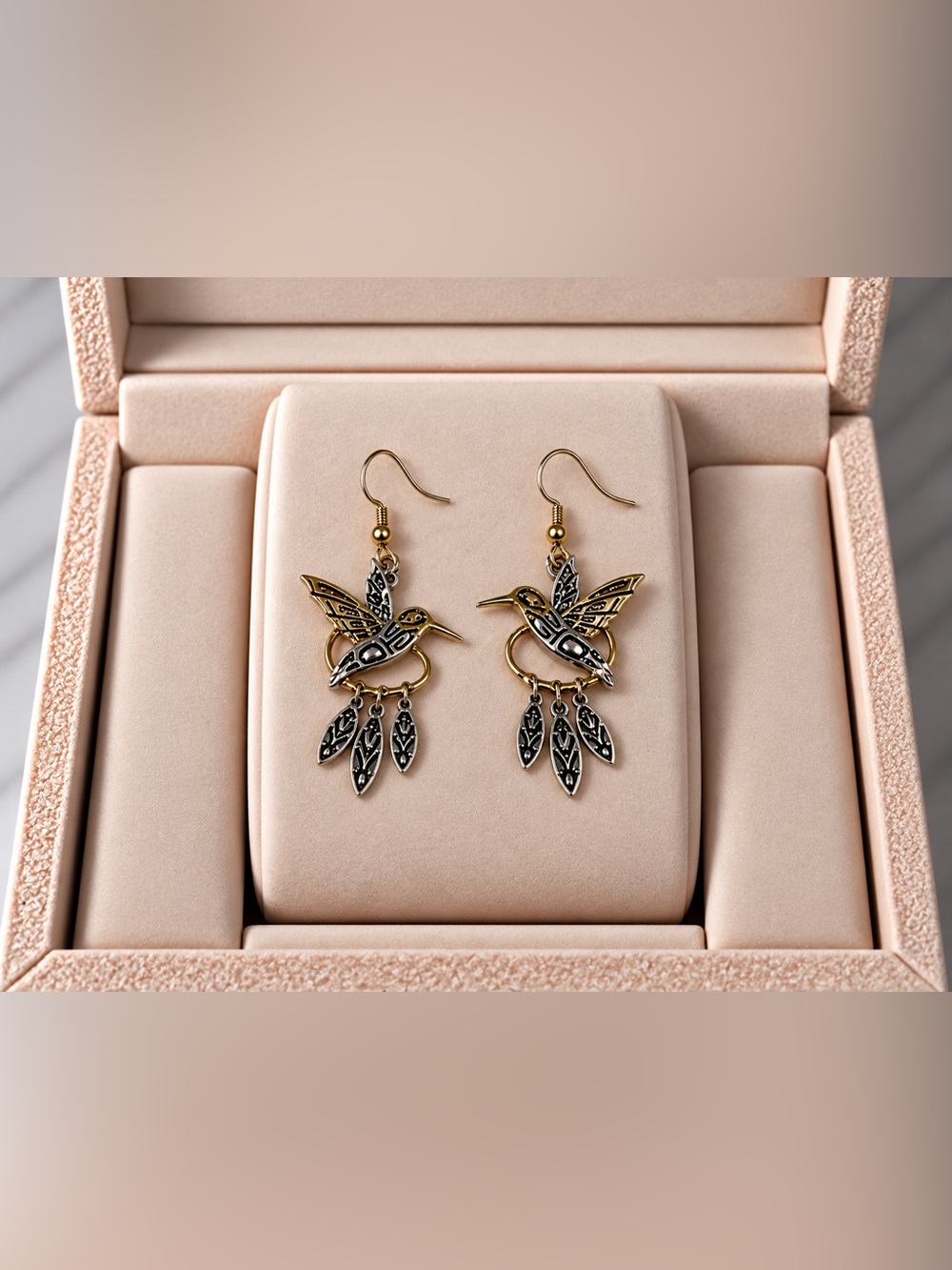 Silver and Brass Hummingbird Drop Earrings - Women Jewelry